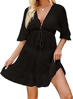 Women's Beach Dress Bikini Cover Up Short Sleeve V-Neck Beach Poncho Summer Beachwe…