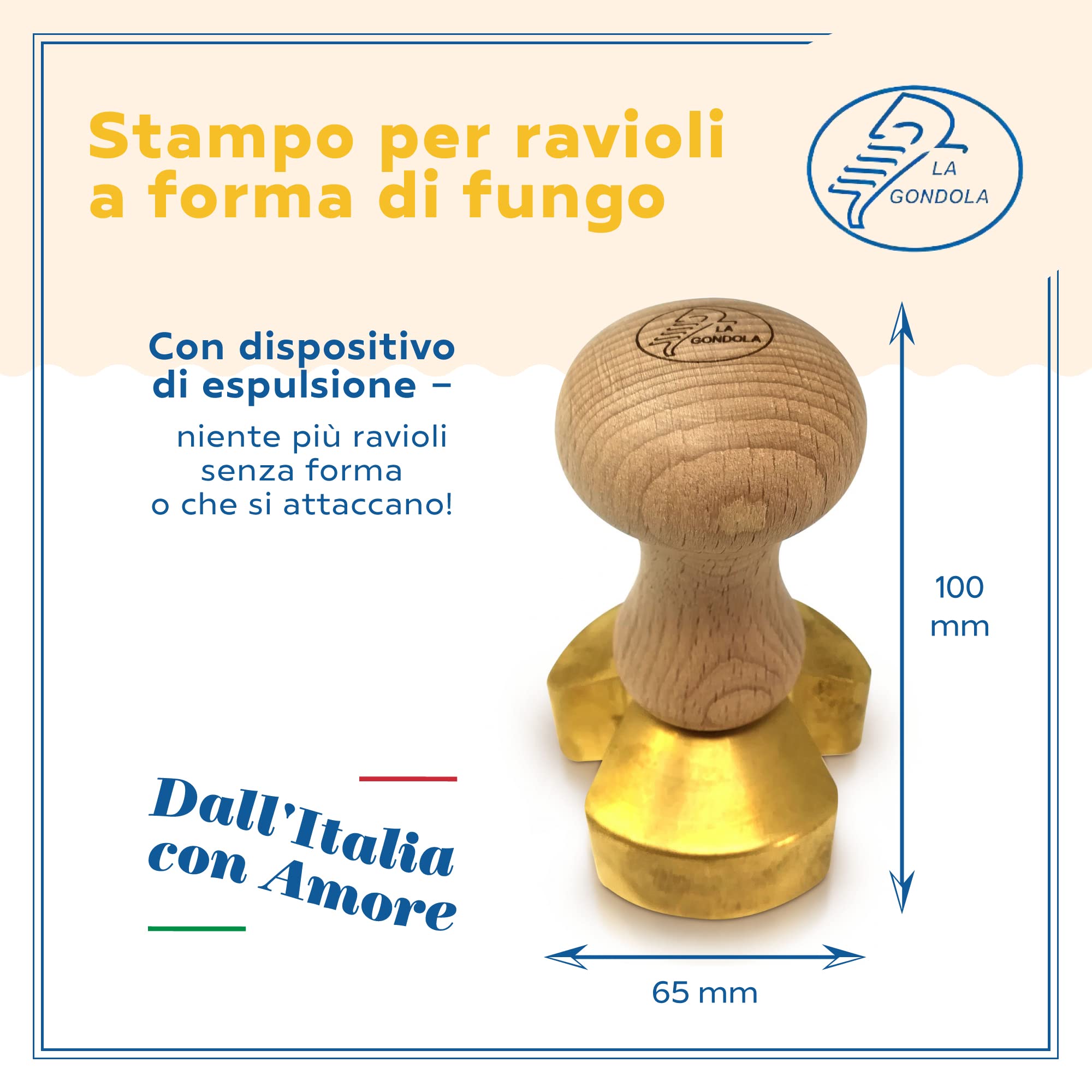 LA GONDOLA Stampo a Fungo per Tortelli Corpo in Ottone Impugnatura in Legno, Made In Italy