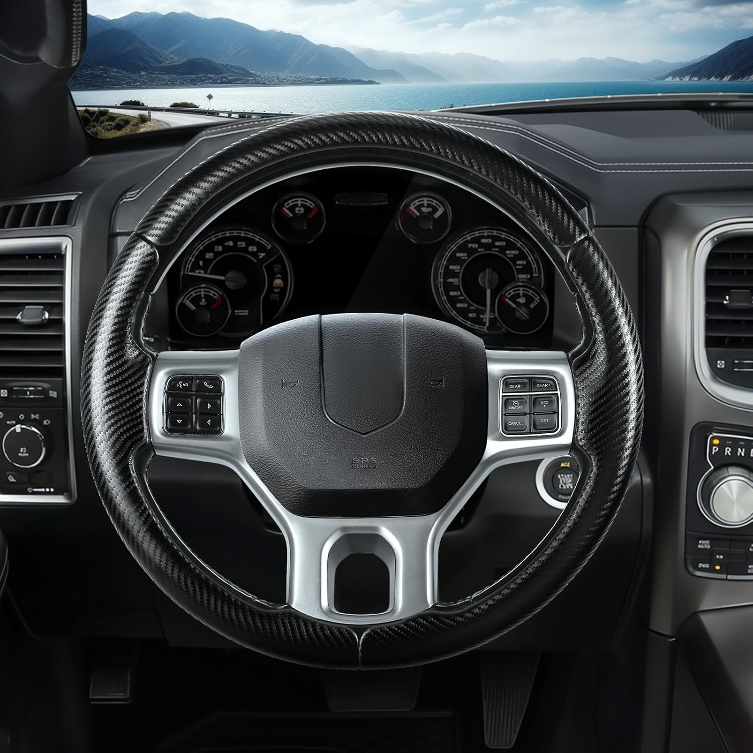 Steering Wheel Cover for Ram 1500, Car Steering Wheel Cover for Dodge Ram 1500 (2012-2018) 1500 Classic(2019-2023) 2500(2012-2018) 3500(2012-2018) 5500(2012-2018), Matte Black