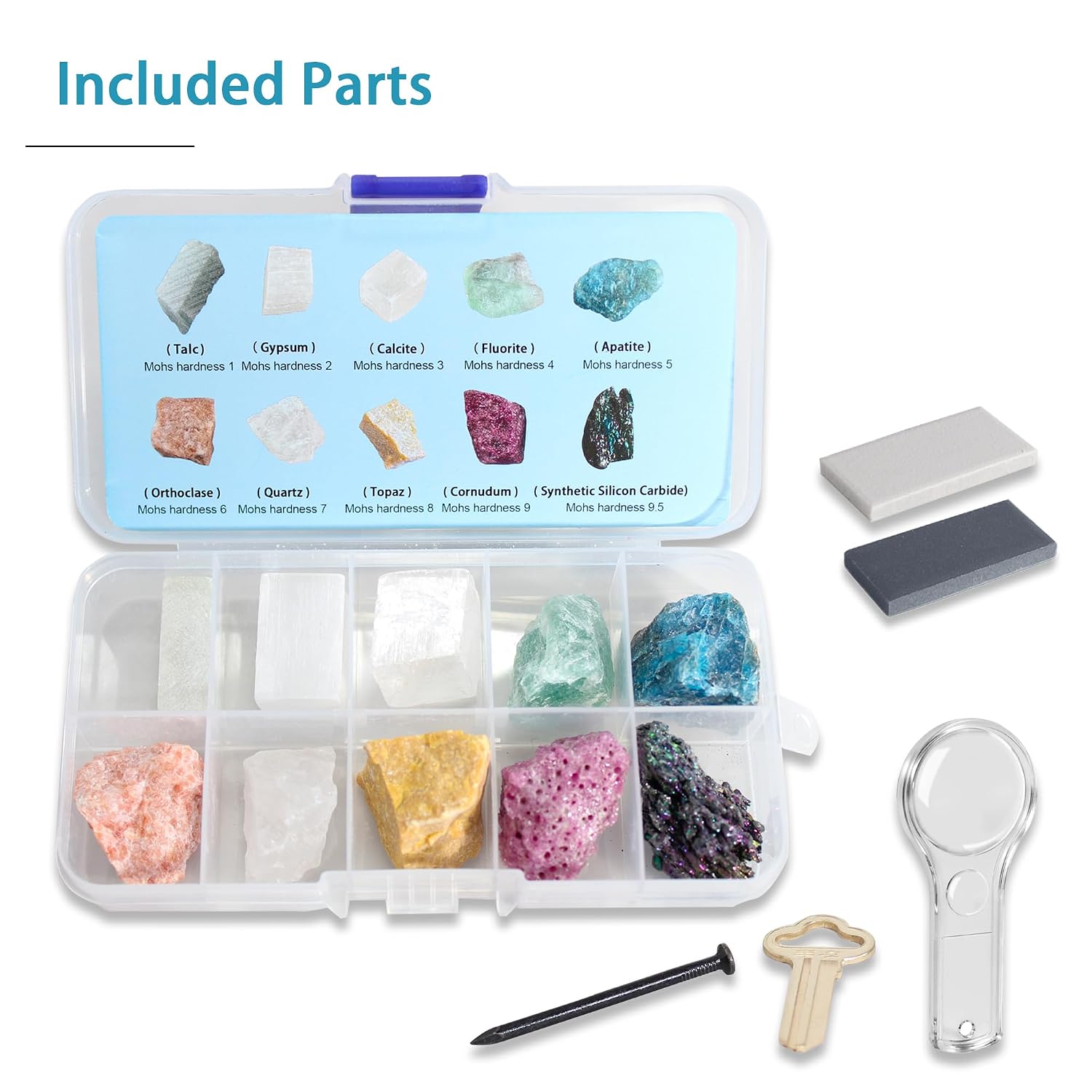 Mohs Hardness Test Kit - Include 10 Rock Mineral Specimens and 2 Unglazed Porcelain Streak Plates, Nail, Copper, Hand Lens for Exploring Identifying Studying Geology and Earth Science