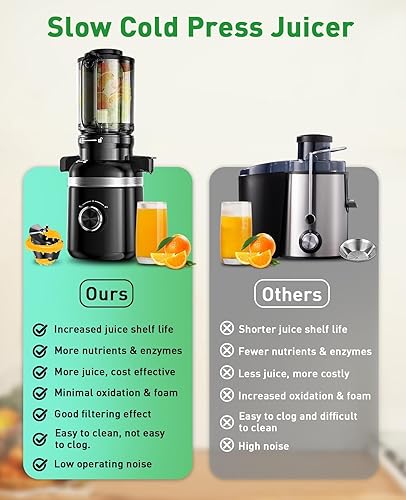 Miniatura 6 de Exprimidor de prensa en frío para verduras y frutas enteras, exprimidor de masticación lenta con canal de alimentación ancho, alto rendimiento de