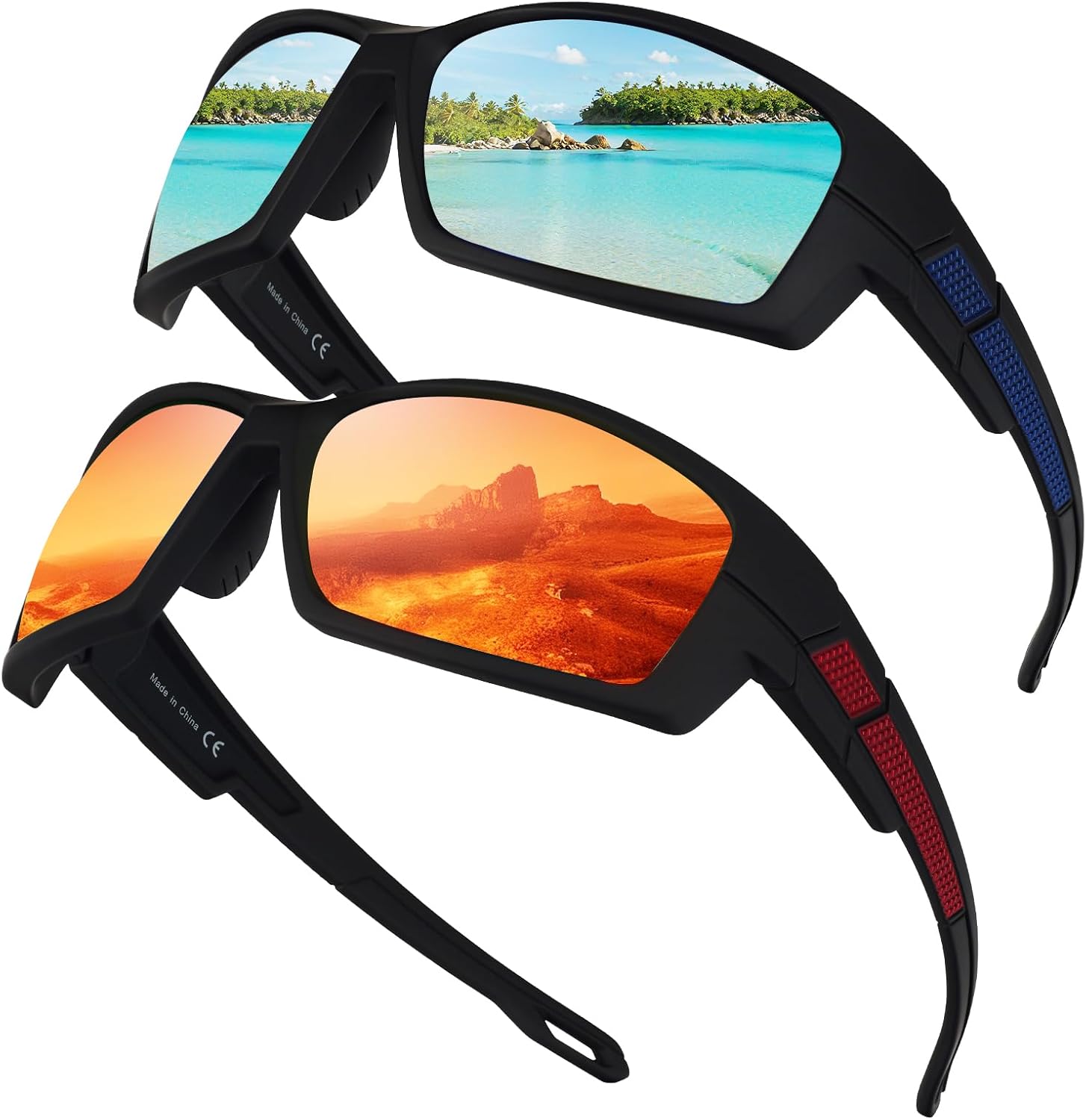 2 Pack Polarized Sports Sunglasses for Men TR90 Wrap Around UV Protection for Running Driving Fishing Cycling