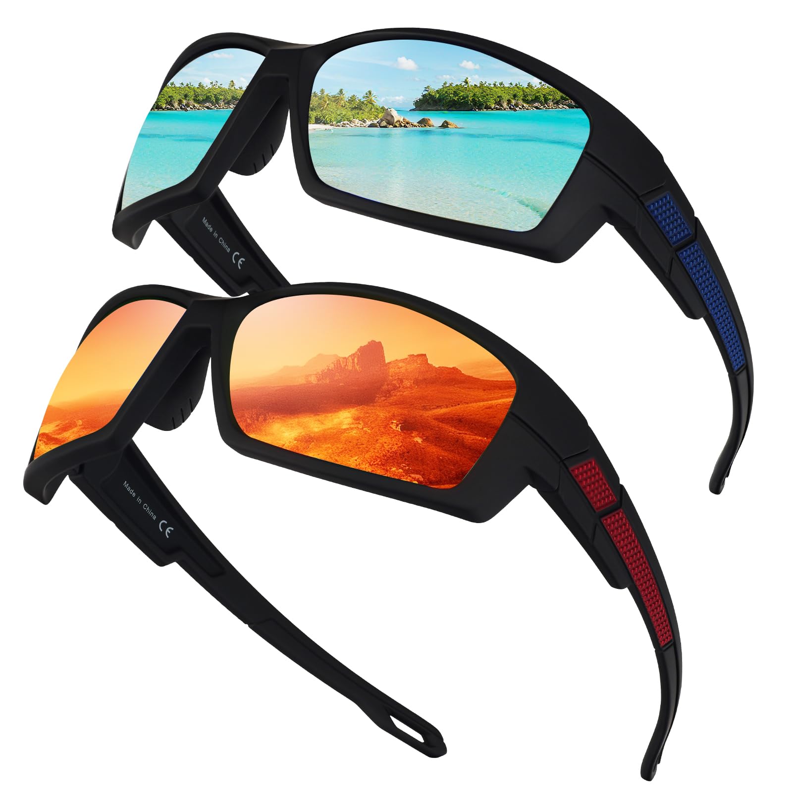 2 Pack Polarized Sports Sunglasses for Men TR90 Wrap Around UV Protection for Running Driving Fishing Cycling