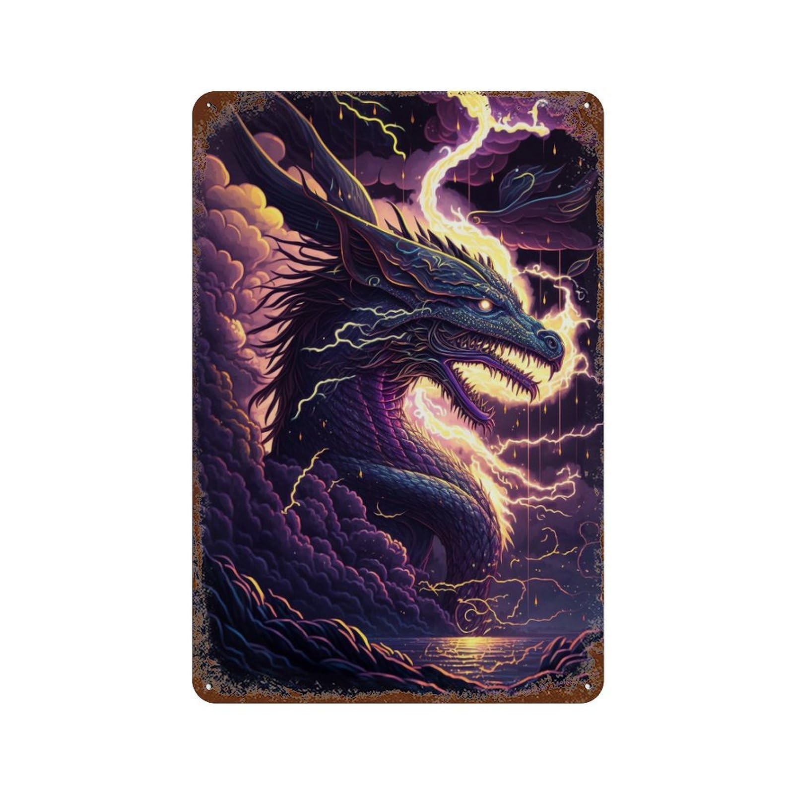Garage Style Thundering Dragon Storm -1 Distressed Metal Wall Sign 11.8"x7.9", Retro Wall Decor for Bar And Workshop