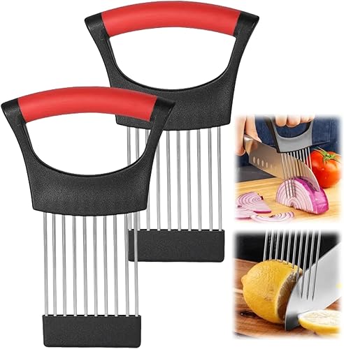 Vista 10 de Soporte para rebanadas de cebolla, nuevo soporte de acero inoxidable 2024 para rebanar, herramienta asistente de picadora, cortador para carne, Negro