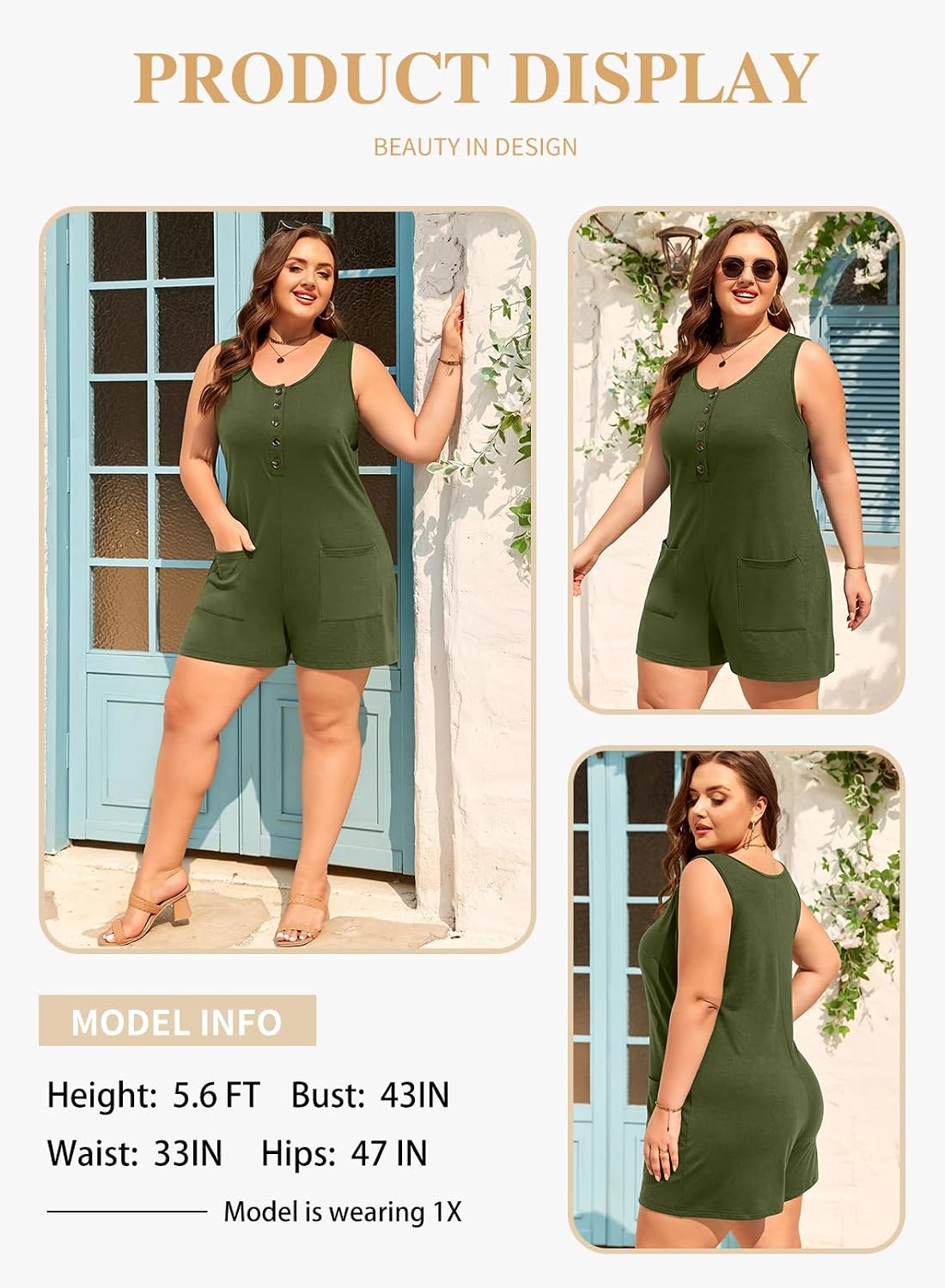 Eytino Women Plus Size Rompers Casual Sleeveless Button Down Jumpsuits Loose Fit One Piece Outfits with Pockets(1X-5X)