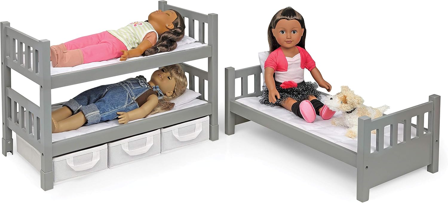 Badger Basket Convertible 3 in 1 Doll Bunk Bed - Stackable Triple Bed with with Bedding, Storage & Personalization Kit - Doll Furniture for Girls - Fits 14 to 20 Inch Dolls - Executive Gray