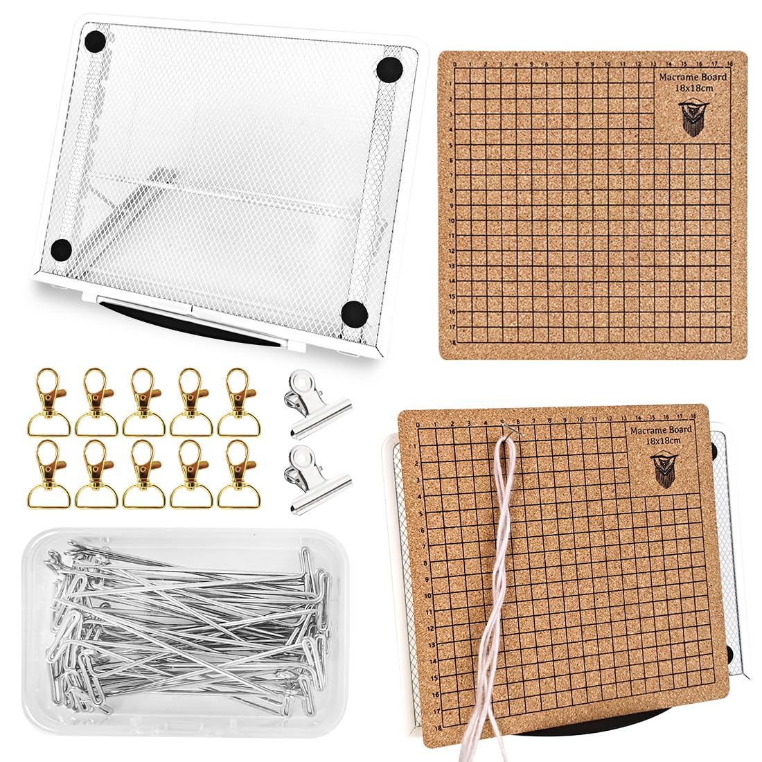 Lavagna macramè con penne, 18 x 18 cm, tavola da progetto macramè double face con griglia, tavola intrecciata portatile con istruzioni, tavola macramè riutilizzabile e penne per intrecciare
