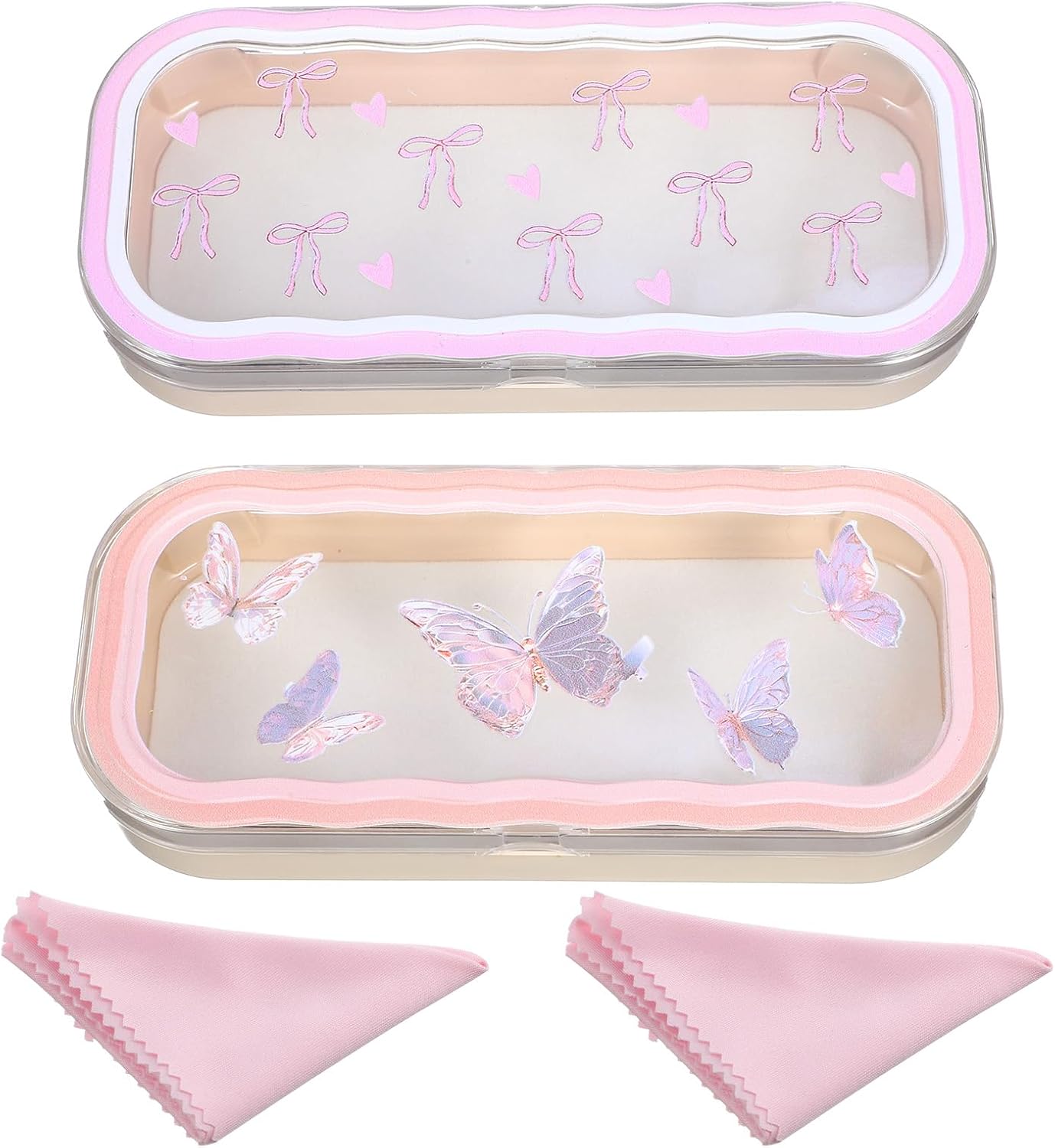 Amaxiu 2Pcs Glasses Case Hard Shell, Cute Clear Eyeglass Case with Pink Heart Bow Pattern and Butterfly Pattern Closure Holder for Reading Sunglasses Prescription Glasses for Women Girls