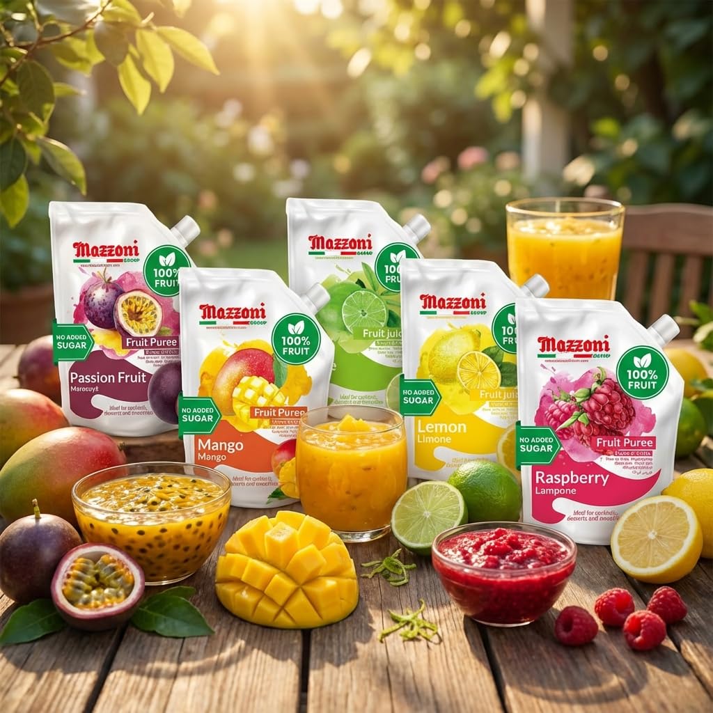 Purée de mangue, 100 % pure mangue, juste des fruits, sans sucre ajouté, vrais fruits pour smoothies, boissons, cocktails, jus de fruits, lassi à la mangue, pulpe - 1 kg - pochette pratique, mazzoni