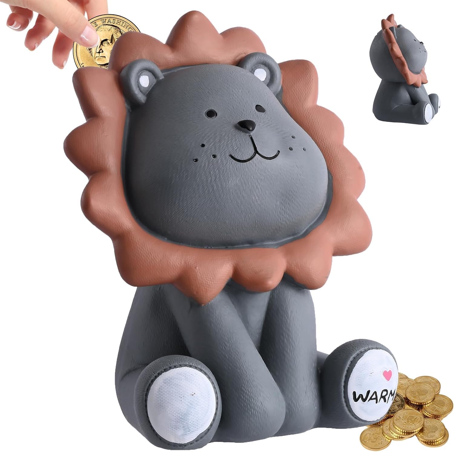 H&W Lion Piggy Bank, Sunny Lion Money Coin Bank,Best Christmas Birthday Gifts for Kids Boys Girls Home Decoration (Gray L)