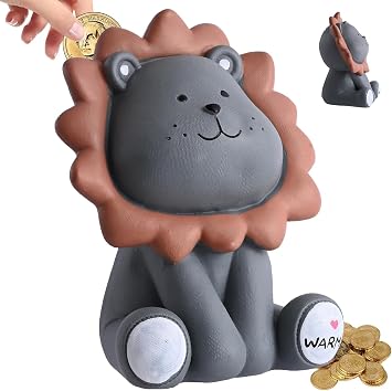 H&W Lion Piggy Bank, Sunny Lion Money Coin Bank, Home Decoration Gray L