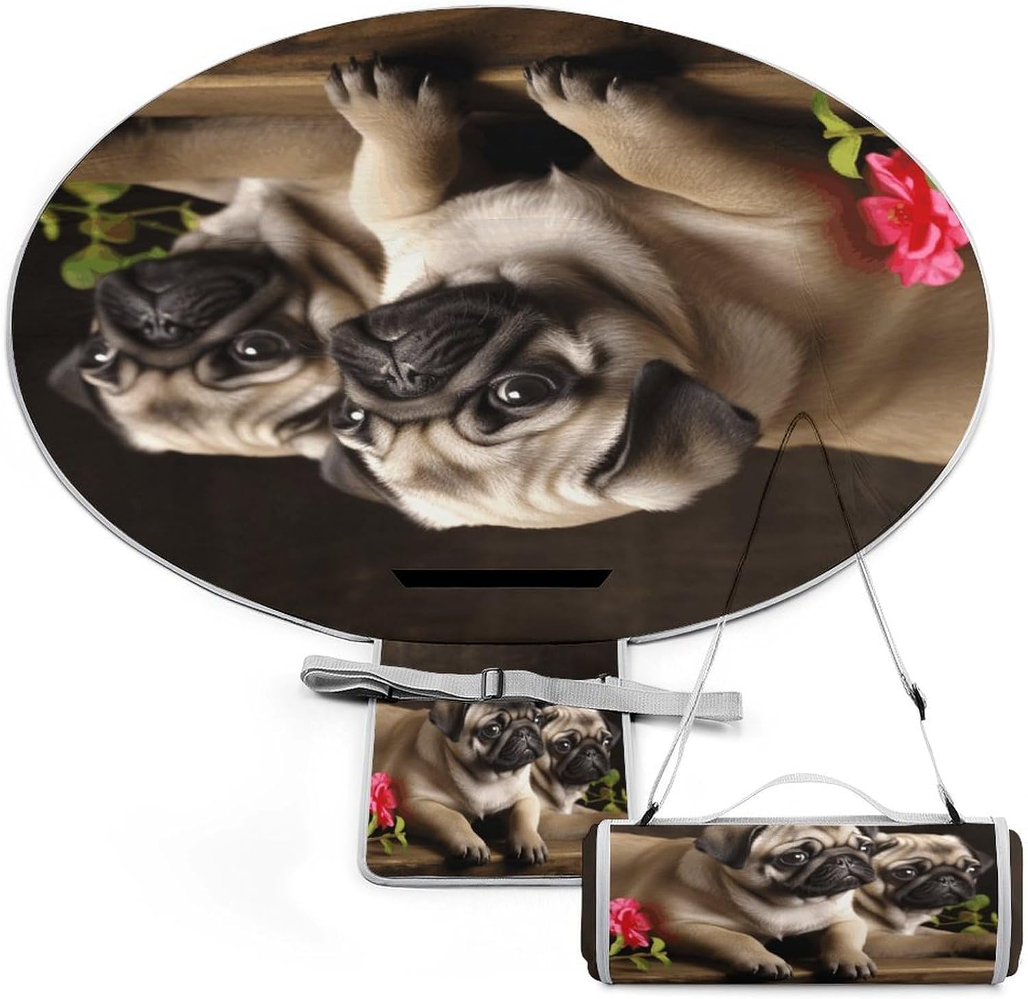 Puppys Pug Picnic Blanket Foldable Outdoor Round Blankets Lightweight Beach Mats Portable Waterproof Park Sand Free Mat for Camping Hiking Sports Activities