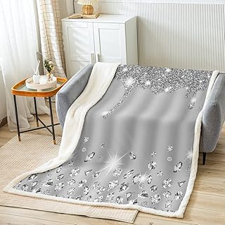 Silver Glitter Fleece Throw Blanket (No Glitter) Bling Party Decorations Grey Plush Blanket for Kids Teens Diamond and Jewelry Sherpa Blanket Breathable Warm Fuzzy Blanket Room Decor Throw 50