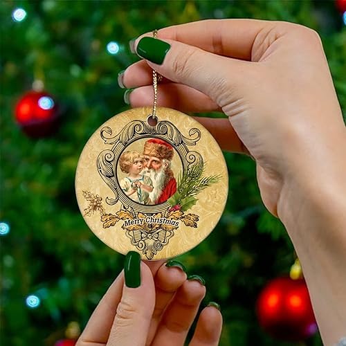 Miniatura 4 de Two-Side Printed Retro Christmas Theme Ceramic Christmas Ornament Novelty for Family Friends Kids Vintage Paper Texture Christmas Keepsake Pendants