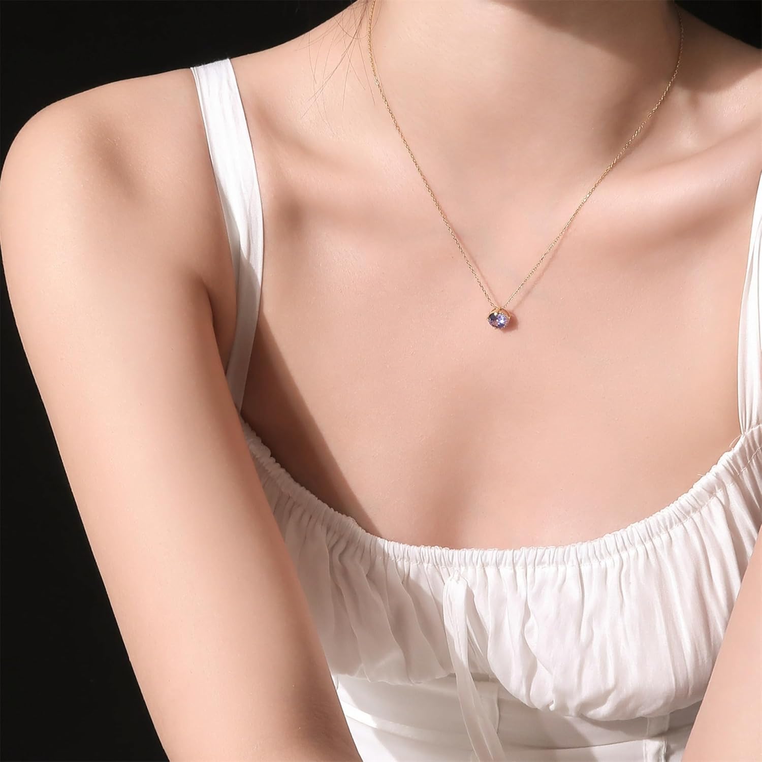 Natural Tanzanite Necklace 18K Gold Vermeil S925 Sterling Silver - Purple Blue Natural Gemstone Danube Moonlight Pendant, 14-16in Adjustable Chain, Minimalist Ocean-Inspired Jewelry for Women