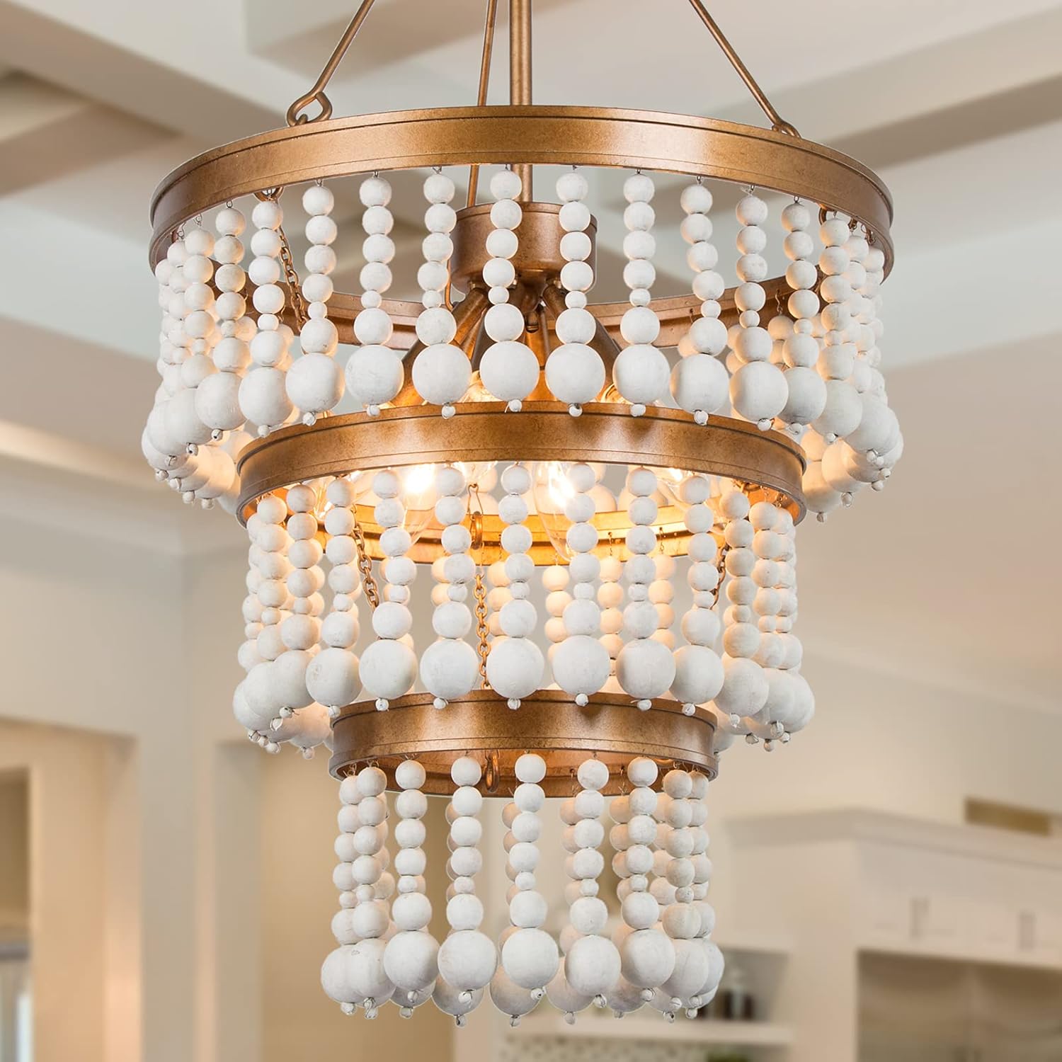 Wood Bead Chandelier, 6-Light Farmhouse Chandelier for Dining Room, 16" Boho Chandelier for Foyer, Living Room, Antique Gold Finish with 3-Tier Handmade White Wood Beads - - 