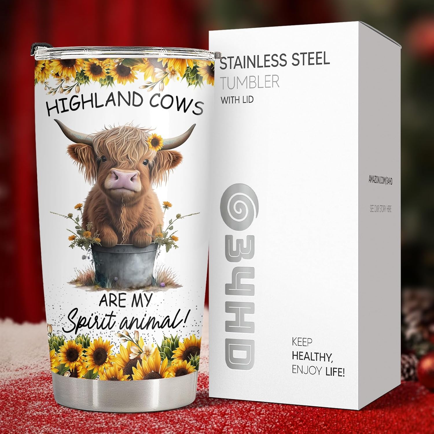 34HD Highland Cow Tumbler with Lid, 20oz Vacuum Insulated Heifer Coffee Mug, Highland Cow Gifts for Girls, Women on Birhday, Mother's Day, Christmas, Graduation - Image 7