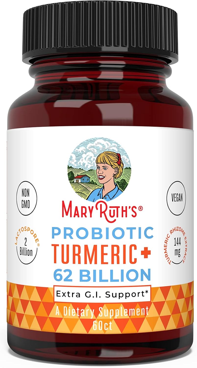 MaryRuth Organics Probiotic Turmeric + Extra GI - Support 62 Billion CFU Ingredients Turmeric Complex with Probiotics - Turmeric Curcumin Capsules for Digestion - Plant-Based Vegan - 60 ct