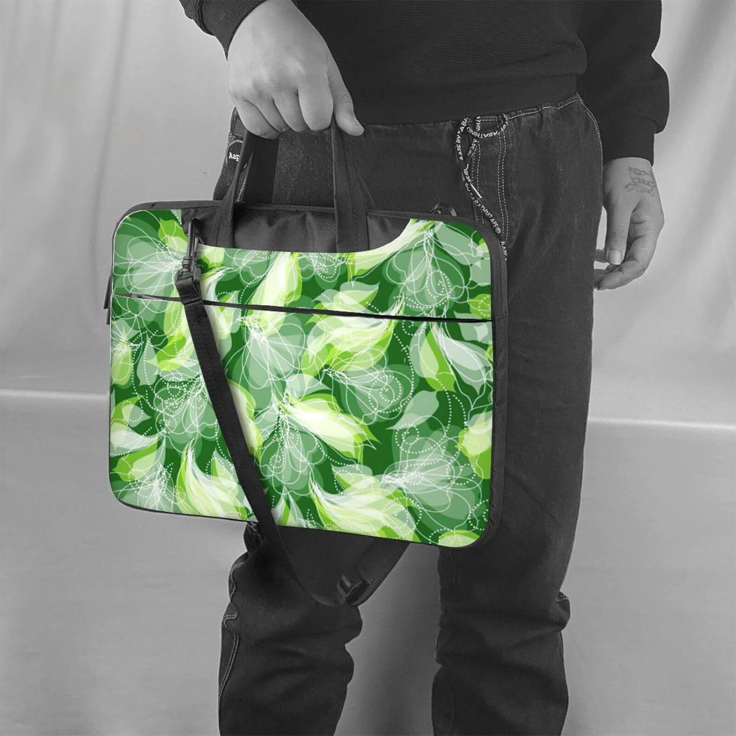 Green leaf Print Laptop Shoulder Bag Messenger Bag Notebook with Accessories Pocket 13/14/15.6 inch