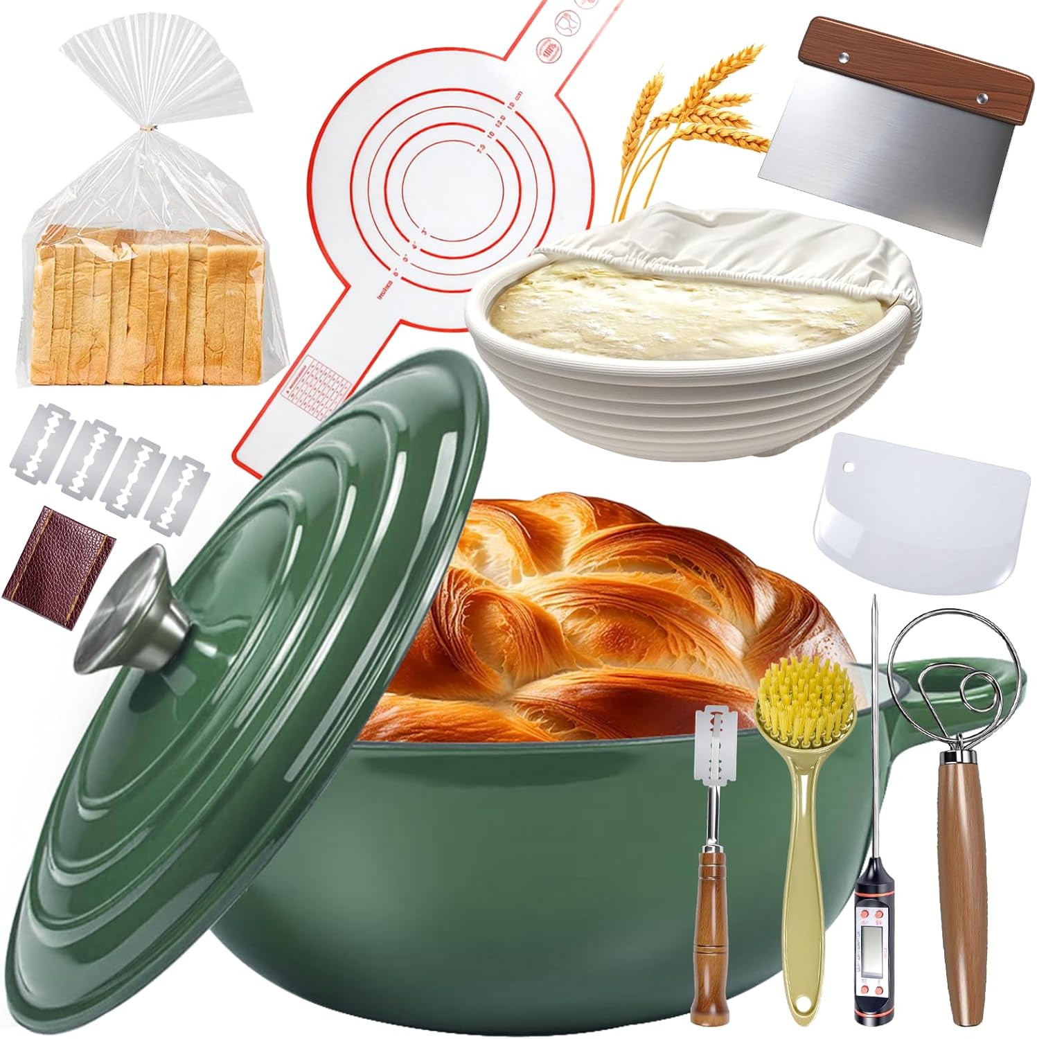 5QT Enameled Cast Iron Dutch Oven for Bread & Multi-Cooking – Complete Sourdough Starter Kit with Lid ,Probe Thermometer, Proofing Basket, Silicone Sling & Gift Packaging Bags,Oven Safe up to 500°F(Green)