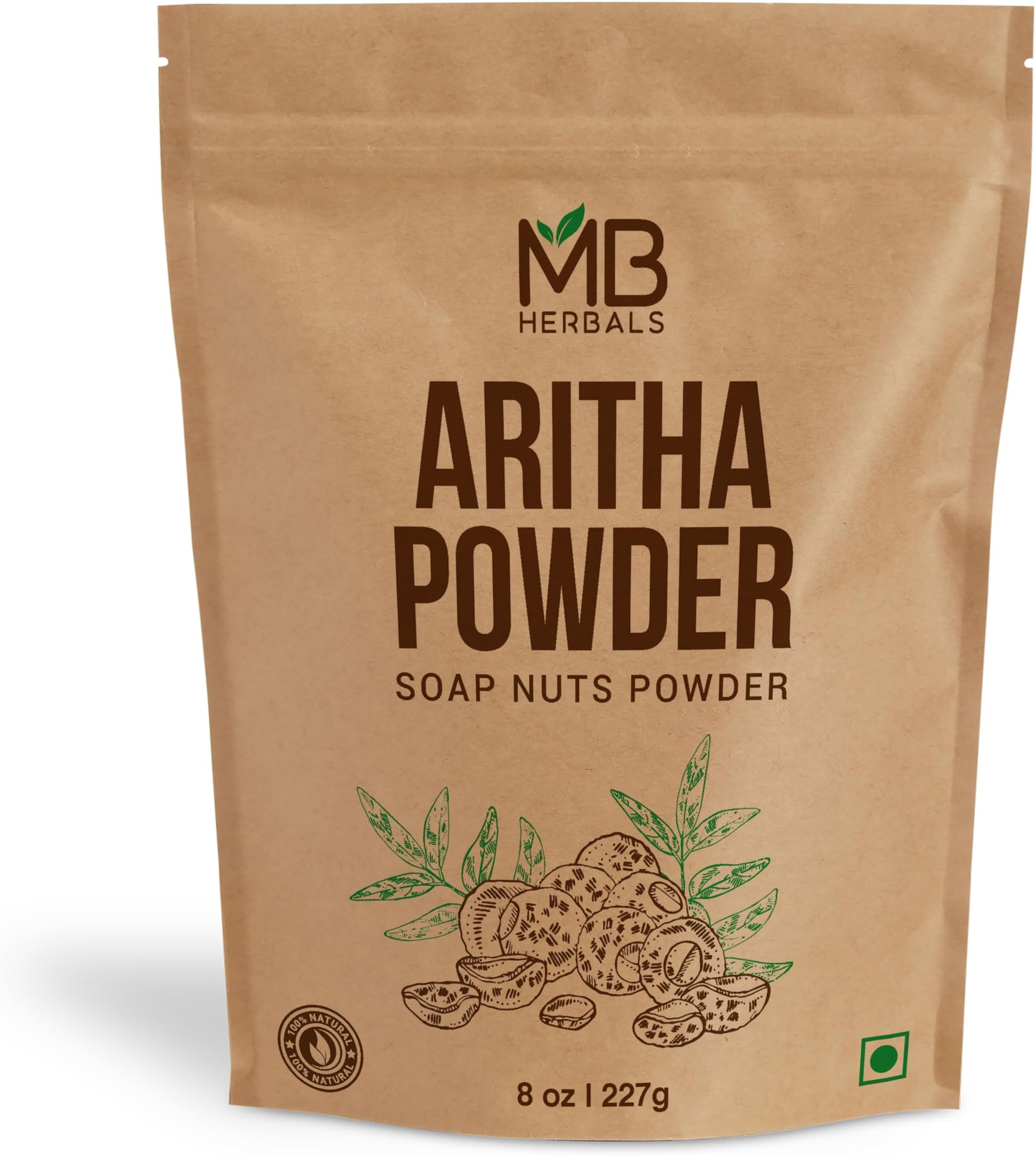 MB Herbals Pure Aritha Powder 227g / 1/2 lb / 8 oz / 0.5 LB - 100% Pure - Organically Grown Sapindus mukorossi Fruit Pod Powder - Natural Hair Cleanser & Conditioner