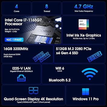 Intel NUC 11 Panther Canyon Mini PC Intel Core i7-1165G7 Processor 16GB RAM and 512GB SSD Mini Computer Win 11 PRO LAN 1000M/WiFi 6/BT5.2 Business Computer for Office/School/Home (NUC11PAHi7)