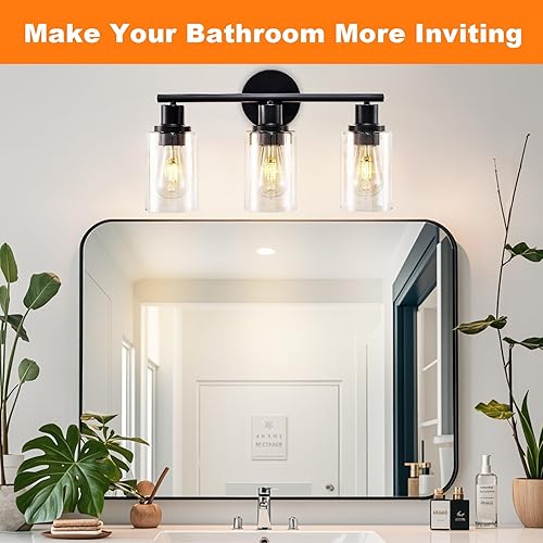 Miniatura 3 de DLLT - Lámpara de baño de 3 lámparas luces negras modernas con 3 bombillas E26, lámpara de pared de baño con pantalla de vidrio transparente para