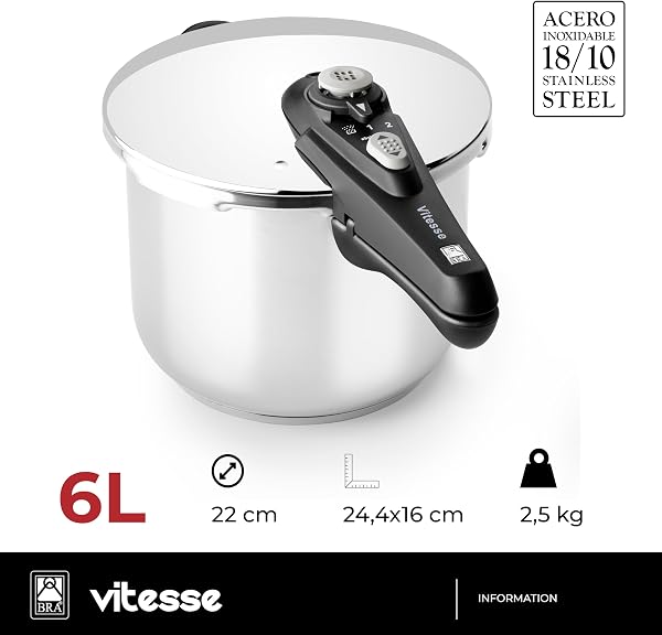 BRA Vitesse Olla Express de 6 Litros, Fabricada en Acero Inoxidable 18/10, Con 2 Programas de Cocción y Sistema de Bloqueo de Apertura, Aptas para Todo Tipo de Cocinas - 2