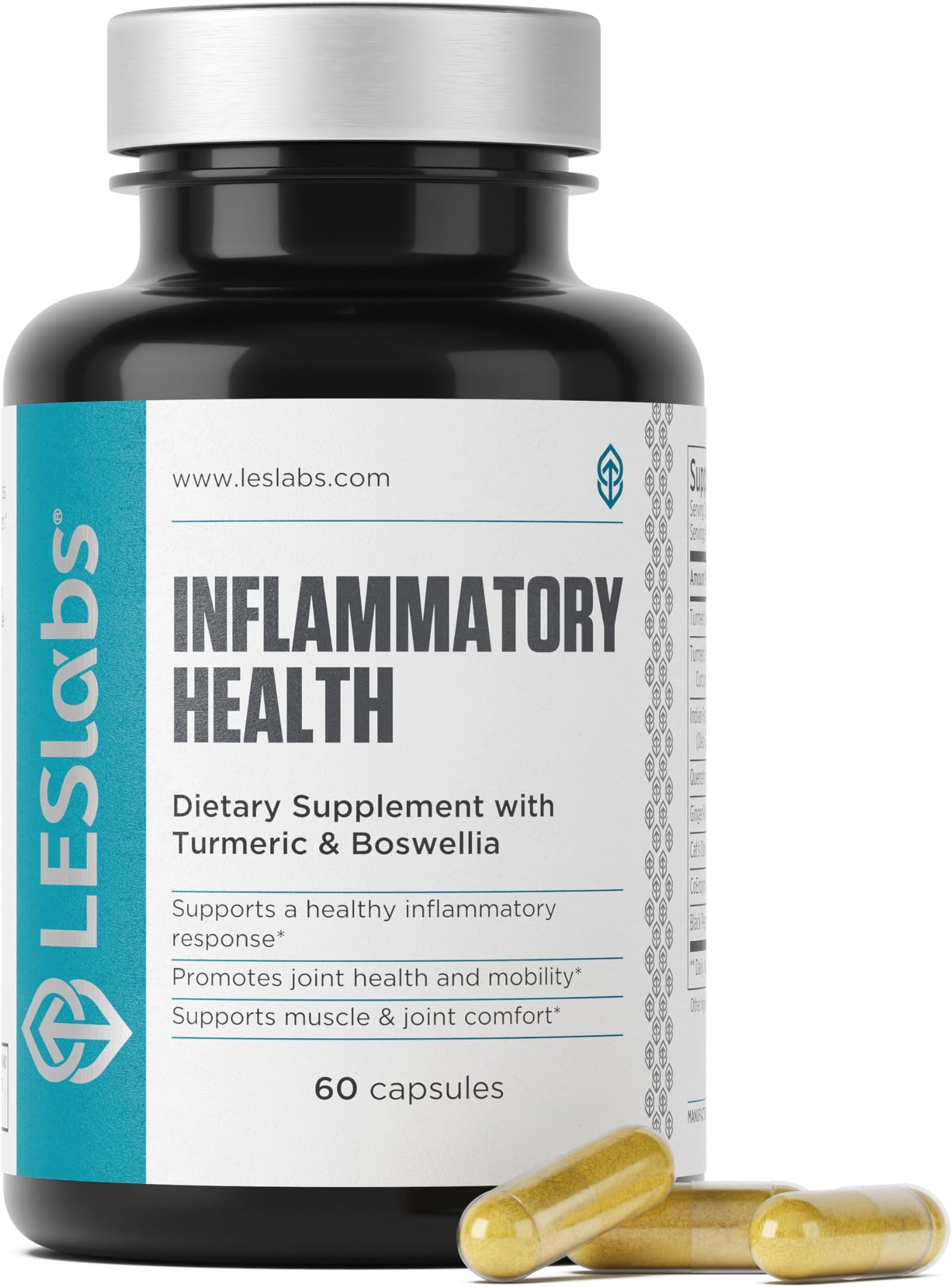 LES Labs Inflammatory Health – Joint Support, Muscle Function & Relaxation, Mobility– Turmeric, Boswellia, Quercetin, Ginger & CoQ10 – Non-GMO Supplement – 60 Capsules