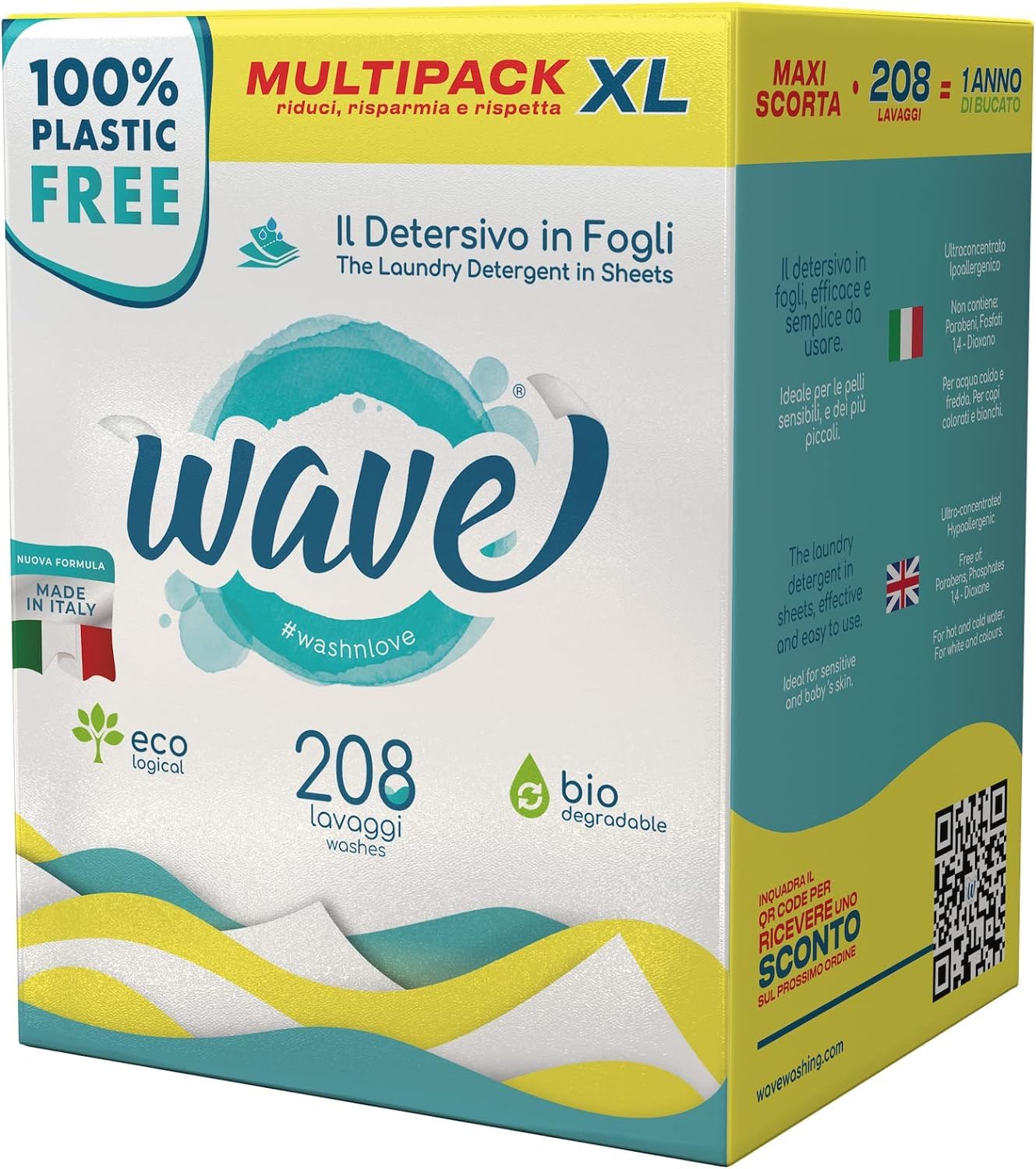 Wave Washing Classic – El Detergente en Hojas – 100% LIBRE DE PLÁSTICO – Multipack XL - 208 lavados – Ecológico – Biodegradable – Compostable