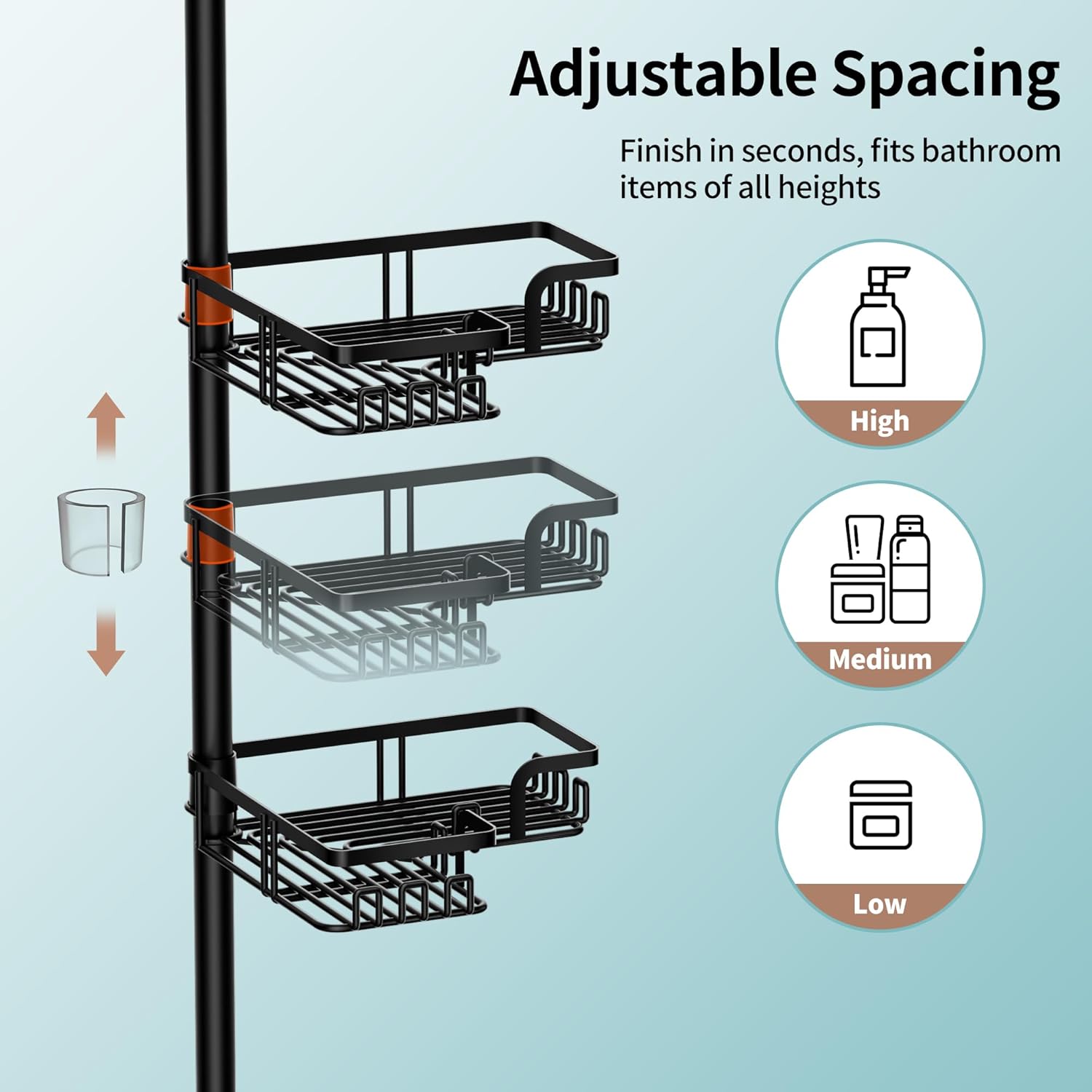 KEGII 2-in-1 Soap Holders x 2 & 32 Hooks Shower Caddy Tension Pole, Stainless Steel Adjustable Corner Shower Organizer for Bathroom, 25–114.2 Inches, Black