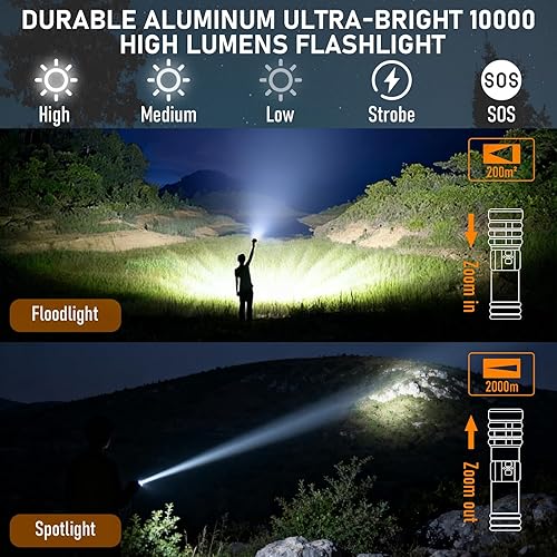 Miniatura 2 de Linterna recargable de 11 modos de linterna táctica para acampar con luces de emergencia rojo-azul, 10000 lúmenes 3 en 1 luz de campamento portátil