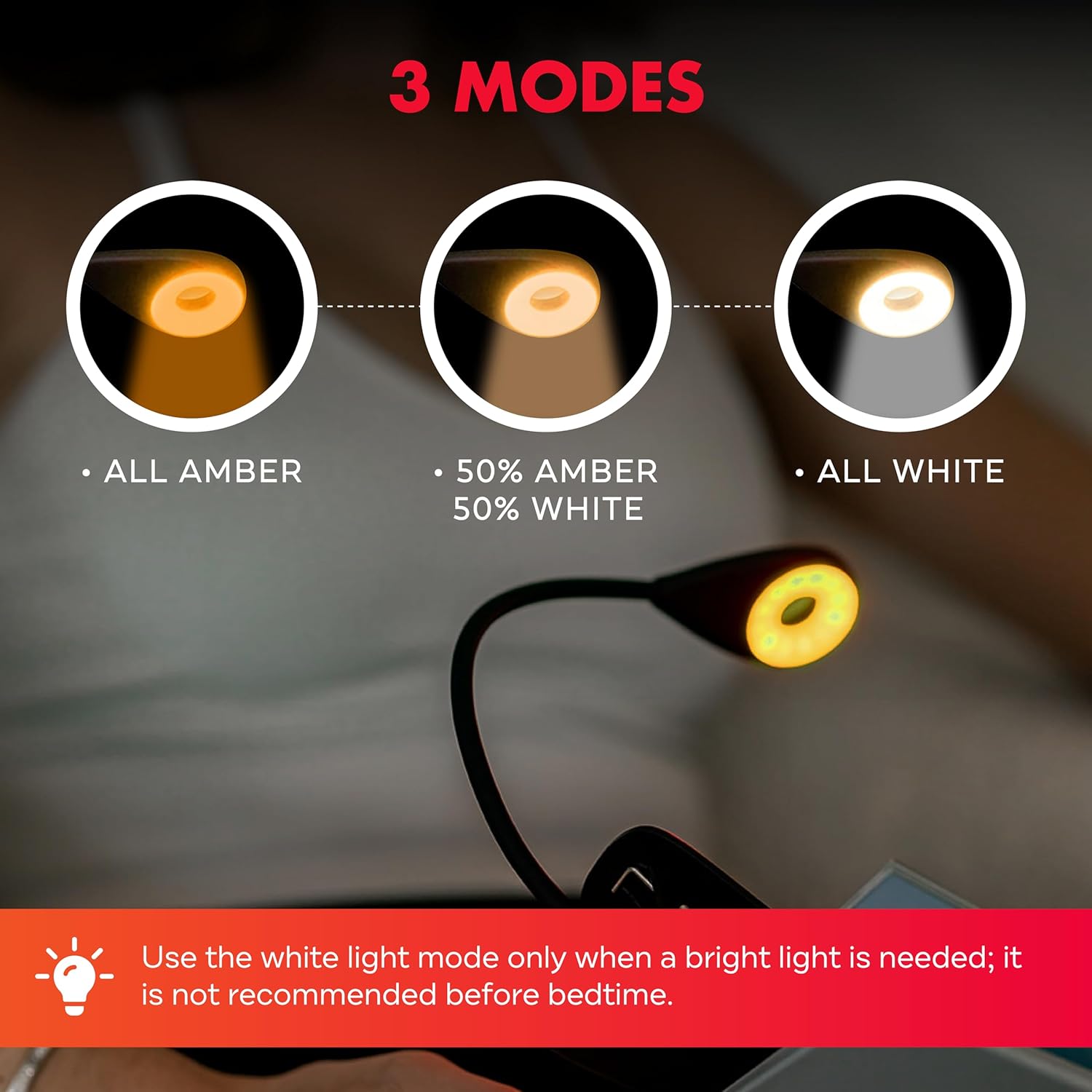 Mito Red Light - Circle Amber Light Book Light - Book Lights for Reading at Night - Portable, Rechargeable Book Light Clip On with 360° Gooseneck - Reading Lights for Books in Bed