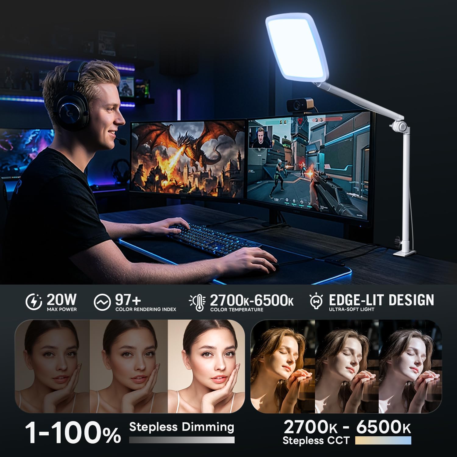 NiceVeedi 14" Soft Key Light, Dimmable Desk Ring Light with Clamp, 2700K-6500K/CRI97+/Flexible Arm/2.4G Remote, Streaming Light for Podcast/Home Office/YouTube/TikTok/Makeup/Video Calls