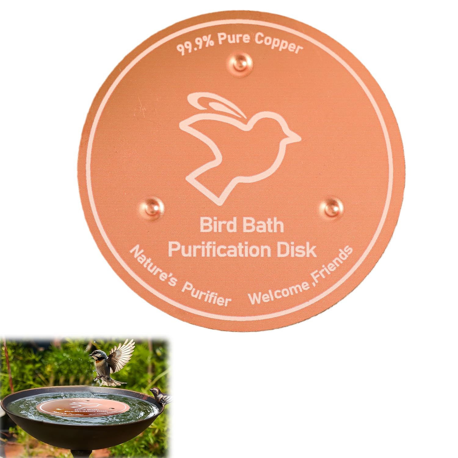 DILUSILK 1Pcs 99.99% Pure Copper Bird Bath Purification Copper Disk,for Bird Bath Clean,with Triple-Point Support,Self-Cleaning Design Keeps Water Fresh Year,for Outdoor Birdbaths, Bowl
