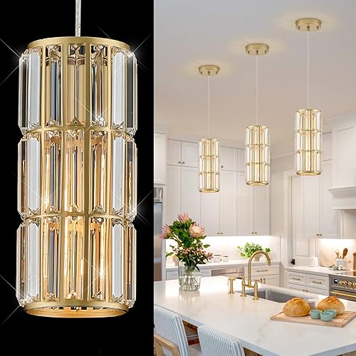 Gold Crystal Pendant Light for Kitchen Island, Modern Mini Hanging