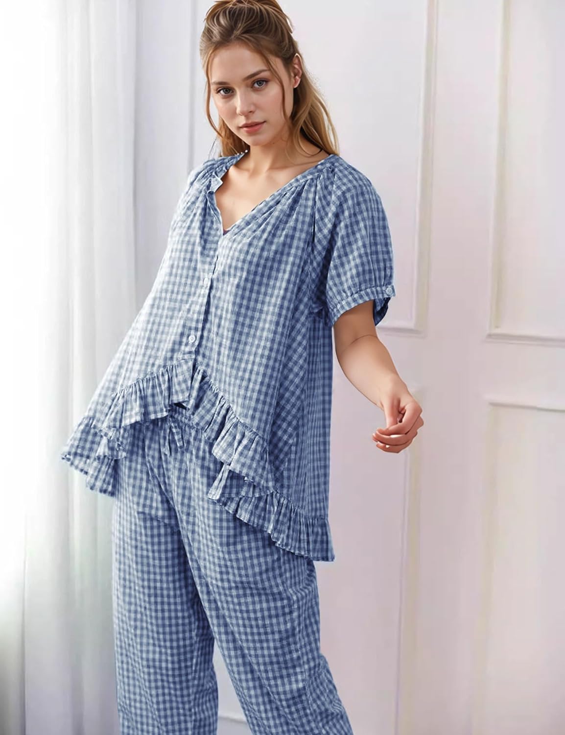 Flygo Womens Plaid 2 Piece Pajamas Sets Gingham Button Down Puff Sleeve Babydoll Shirt Ruffle Pants Y2K Pjs Lounge Set - Image 5