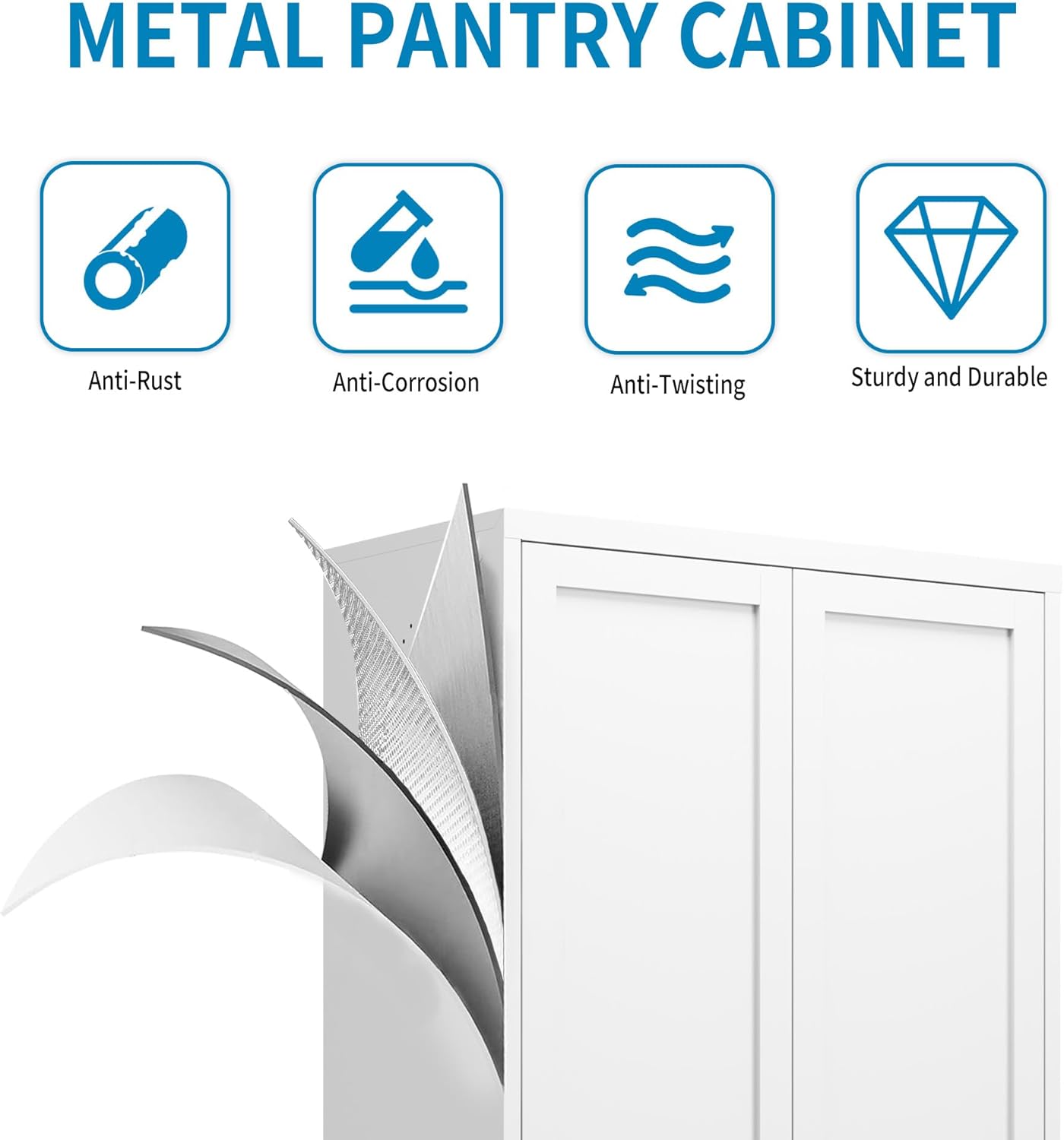 5-Tier White Steel Pantry Storage Cabinet with 2 Doors & 5 Adjustable Shelves, Tall Metal Locker for Kitchen, Living Room, Garage, Heavy Duty Freestanding Utility Cabinet, Assembly Require