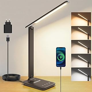 Schreibtischlampe LED Dimmbar, Tischlampe mit Augenschutz & USB-Ladeanschluss, 5 Farbtemperaturen & 5 Helligkeitsstufen, Touch-Steuerung, faltbar, für Büro, Lesen und Homeoffice