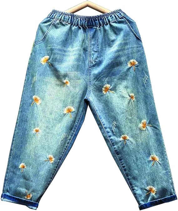 Amazon Sherelly サルエルパンツ レディース デニムパンツ ジーンズ ワイドパンツ アラジンパンツ 九分丈 ｇパン ウエストゴム ゆったり 刺繍 花柄 ジーパン ボトムス ジーンズ 通販