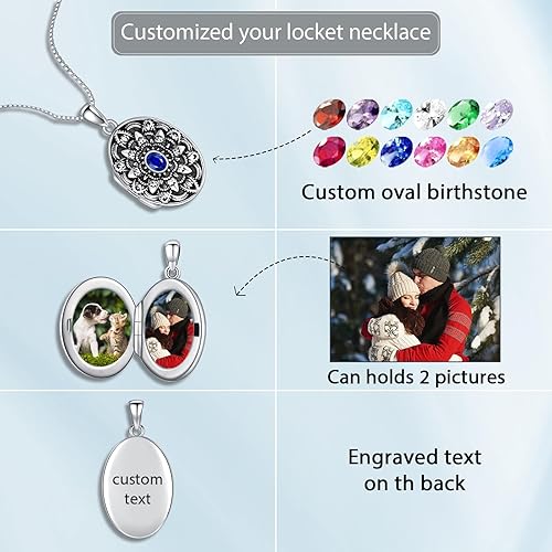 Miniatura 6 de Collar con medallón de forma redondacorazónovalada que sostiene imágenes, plata de ley 925, fotos personalizadas de piedra natal, medallón grabado,