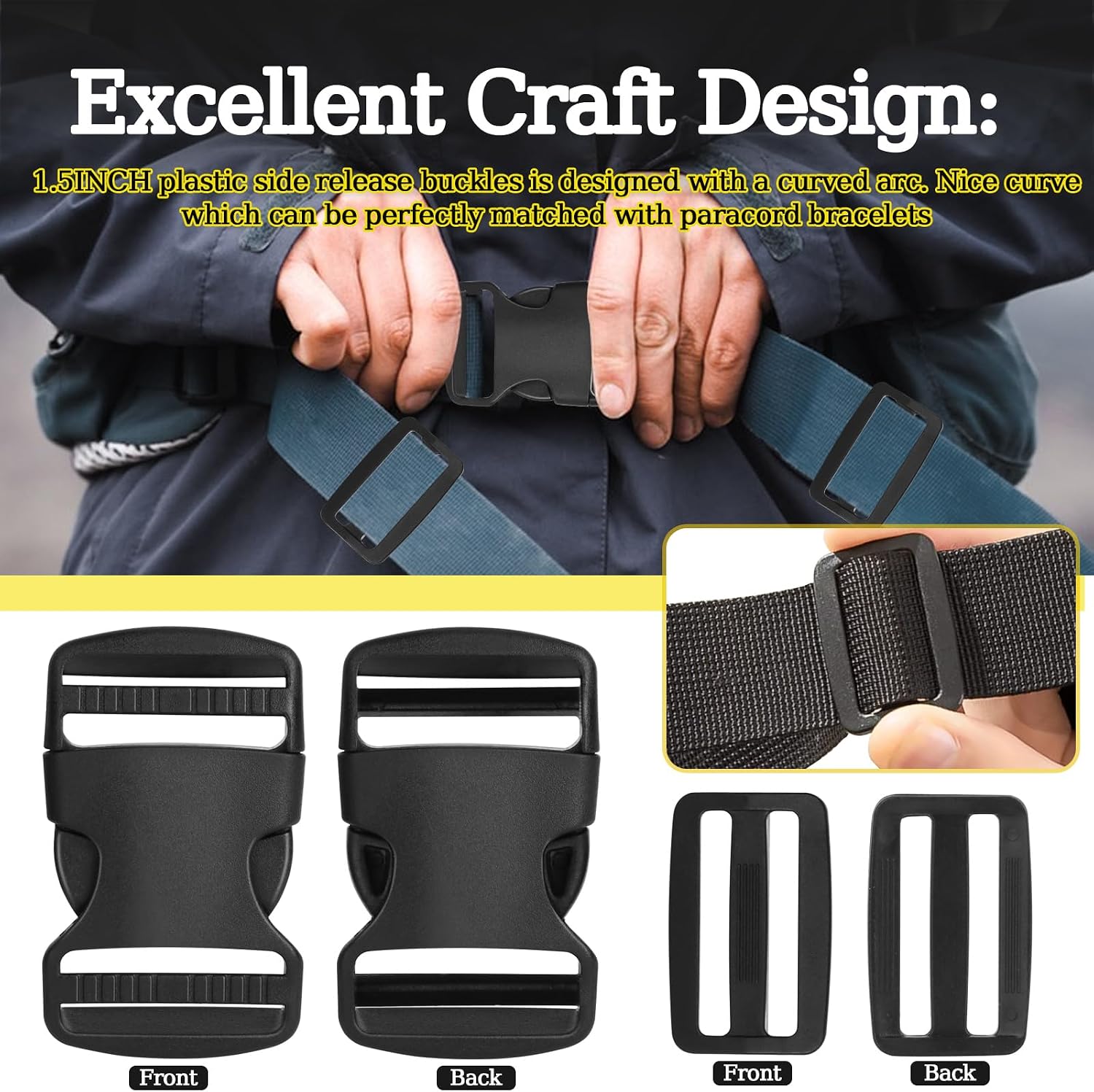 RYKOMO 15 Set 1.5 Inch Side Release Buckles Plastic Clips 30 PCS Tri-Glide Slides, Heavy Duty Dual Adjustable Plastic Buckle No Sewing Black Buckle Replacement for Backpack Luggage Strap Pet Collar