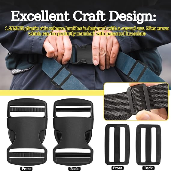 RYKOMO 15 Set 1.5 Inch Side Release Buckles Plastic Clips 30 PCS Tri-Glide Slides, Heavy Duty Dual Adjustable Plastic Buckle No Sewing Black Buckle Replacement for Backpack Luggage Strap Pet Collar