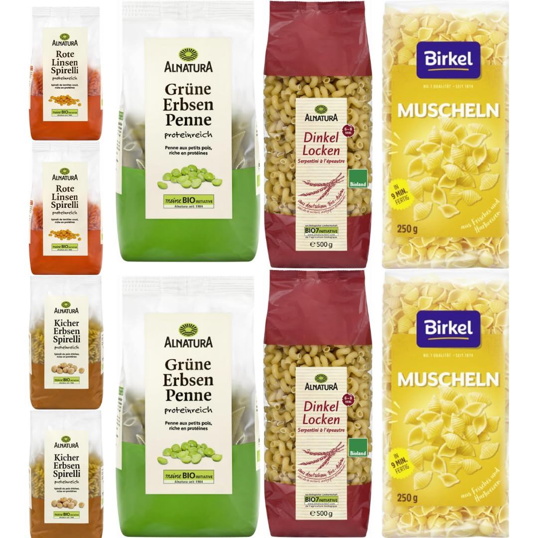 Je 2 Packungen Grüne Erbsen Penne, Kichererbsen Spirelli, Rote Linsen Spirelli, Dinkel Locken Pasta + Birkel's No. 1 Muscheln Pasta Nudeln 250 gramm x 2 Stück mit Pufai Grocery