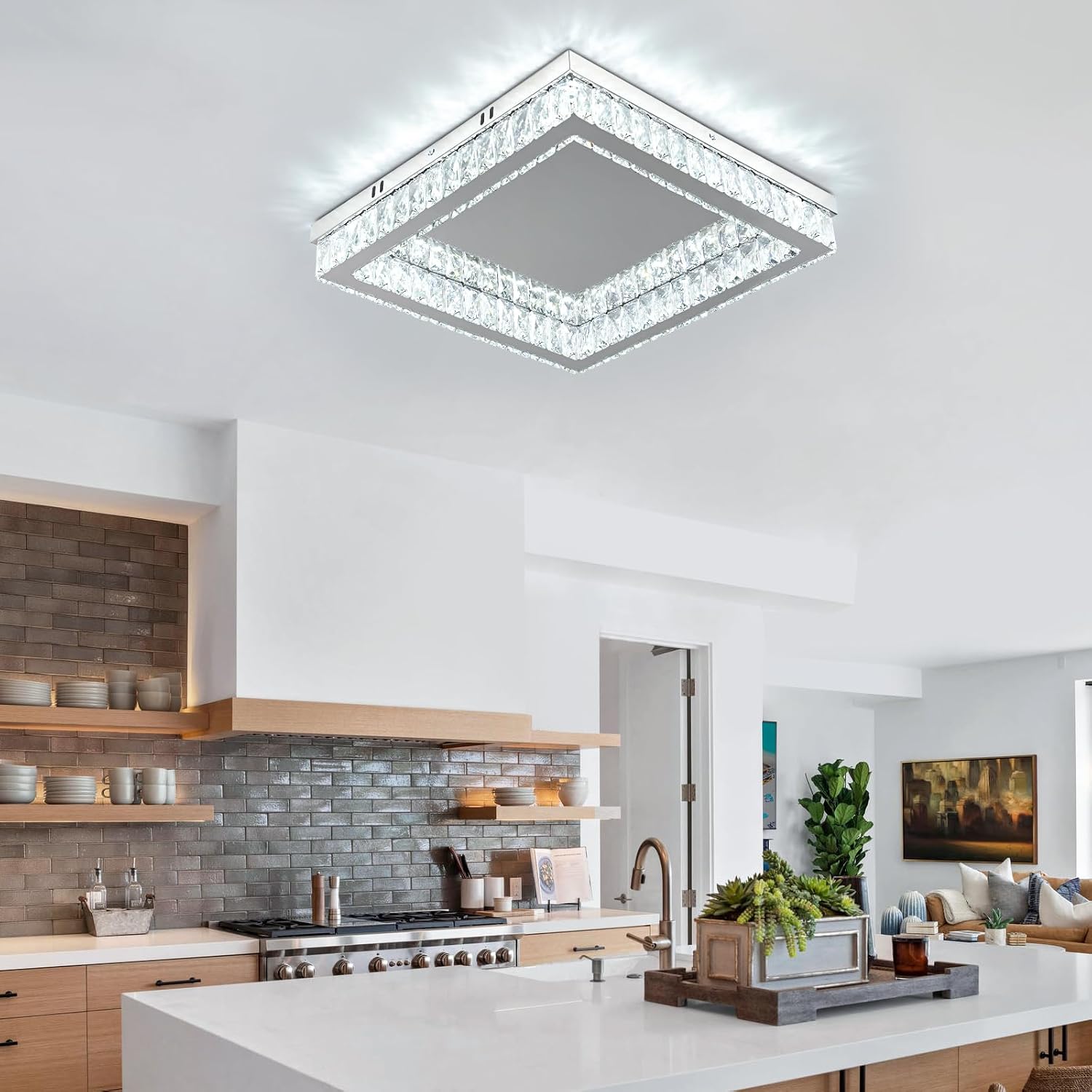 17.7 Inch Square Crystal Ceiling Light, Cool White 6500K LED Flush Mount Ceiling Light Fixture, Modern K9 Crystal Stainless Steel Ceiling Lamp for Bedroom Living Room Dining Room