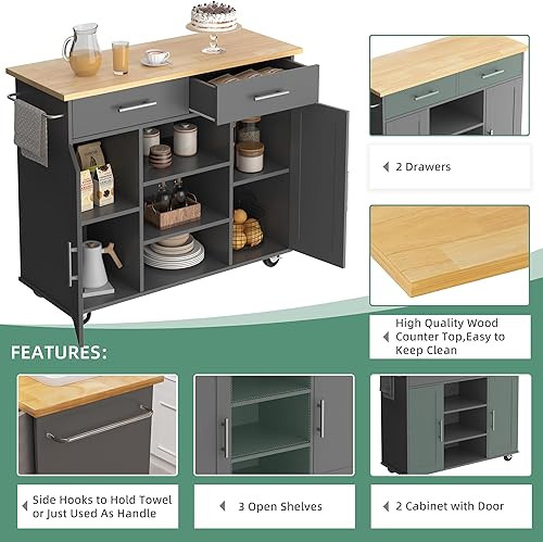Miniatura 95 de Shintenchi Carrito de isla de cocina con almacenamiento, mesa auxiliar de isla de cocina con ruedas con encimera, armario de almacenamiento de una