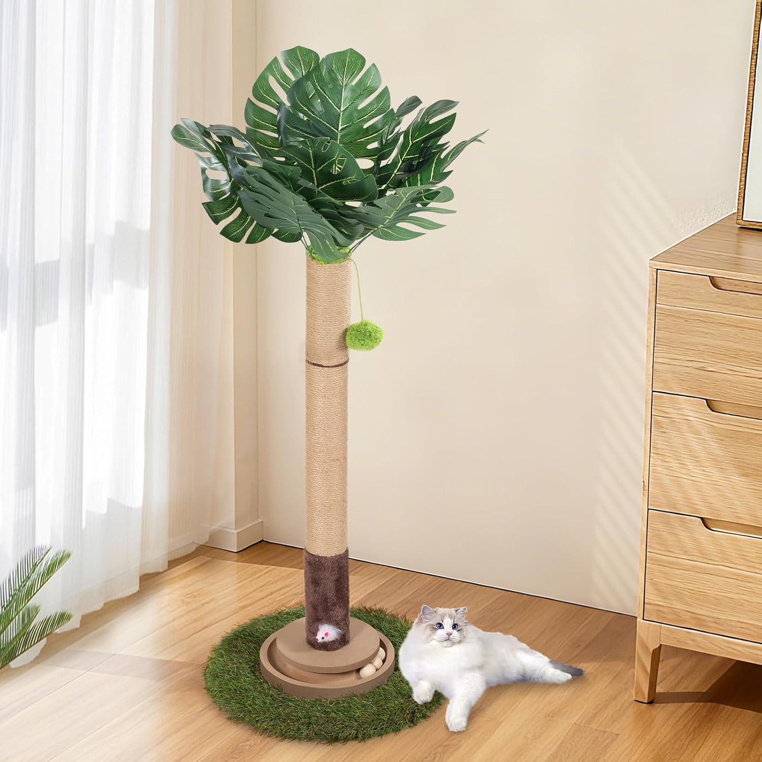 Monstera Leaf Cat Scratching Post, 35 Inch Tall Decorative Cat Tree Tower with Interactive Cat Toys – Hanging Ball & Plush Mouse for Indoor Cats