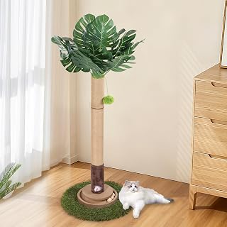 Pawalaya 35 Inch Cat Scratching Post Tower - Sisal Rope Scratcher with 2-Tier Balls, Hanging Toy & Interactive Mouse for Kittens & Adults