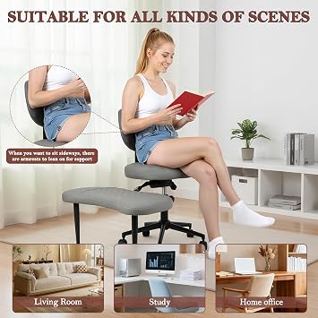 Kneeling Chair, Cross Legged Office Chair with 360° Rotating Footrest, Adjustable Height & Lumbar Support for Meditation, Yoga & Home Office Use (Gray)